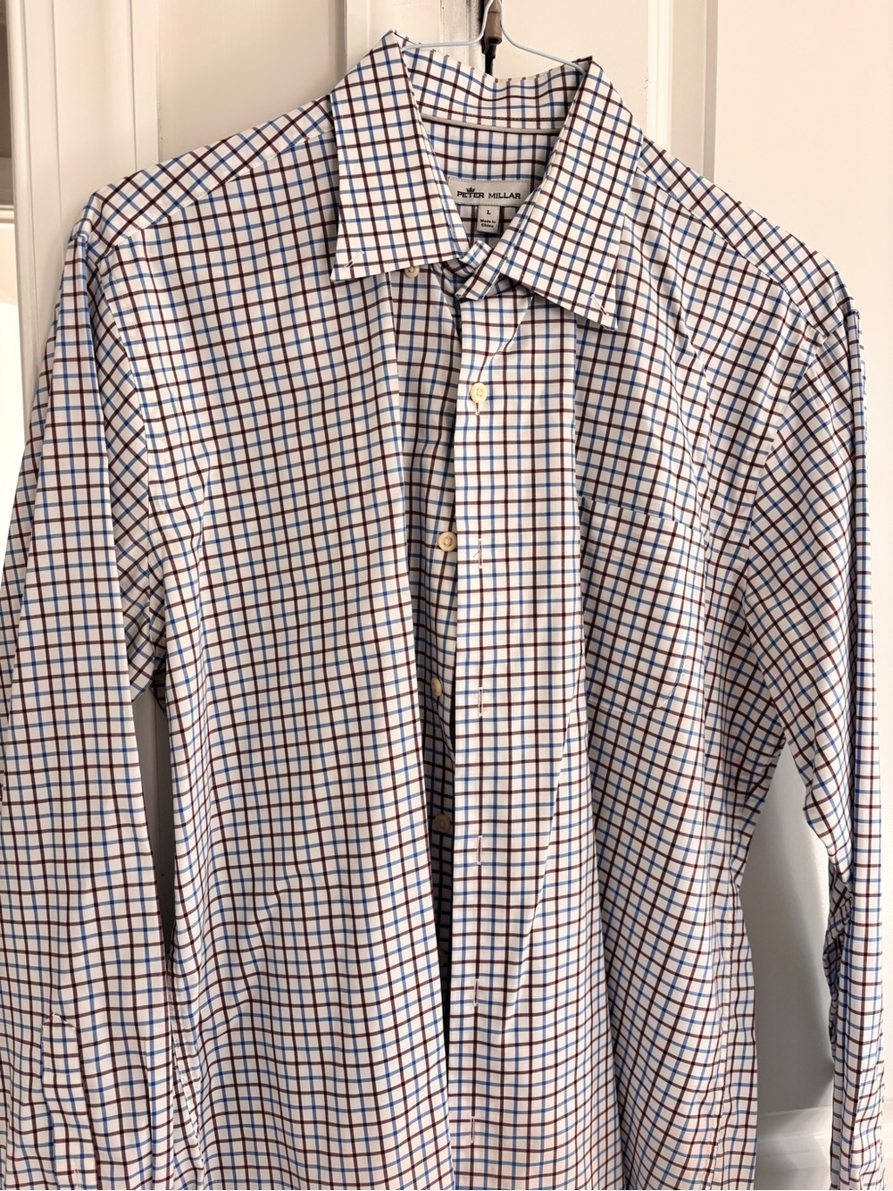 Peter Millar White Button-Up Shirt with Blue & Brown Check